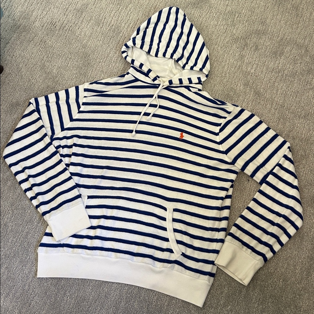 Polo Ralph Lauren Striped Blue and White Terrycloth Hoodie Size Large